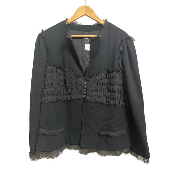 Chanel‎ women's black chiffon trim jeweled wool blazer size 50 - Picture 1 of 13